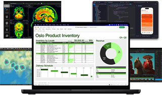 En rekke arbeidsrelaterte dokumenter fra excel, Safari, dataanalyser og bilderedigeringsapper på Mac, som viser Macens gode grafiske ytelse.