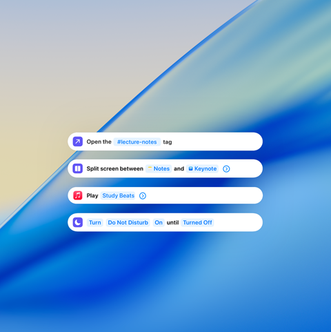 Jobbvarslinger viser forelesningsnotater, alternativ for Delt skjerm, Apple Music og Ikke forstyrr over en blå bølge i bakgrunnen.