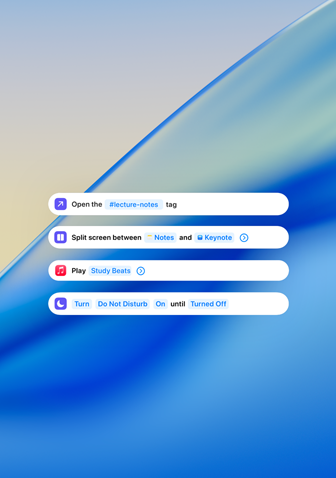 Jobbvarslinger viser forelesningsnotater, alternativ for Delt skjerm, Apple Music og Ikke forstyrr over en blå bølge i bakgrunnen.