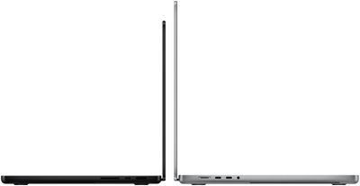 MacBook Pro 14-tommers og 16-tommers med baksidene mot hverandre for å vise de ulike størrelsene og den smale profilen