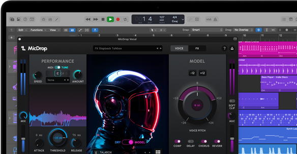 Skjermen på en MacBook Pro viser KI-funksjoner i MicDrop-programvaren, som brukes til å redigere et taleopptak.