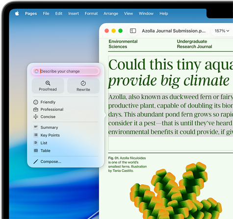 Skriveverktøy drevet av Apple Intelligence hjelper med å gå gjennom en artikkel om miljøvitenskap i et Pages-dokument. Det kan rettes eller endres til en annen tone.