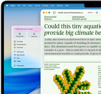 Skriveverktøy drevet av Apple Intelligence hjelper med å gå gjennom en artikkel om miljøvitenskap i et Pages-dokument. Det kan rettes eller endres til en annen tone.