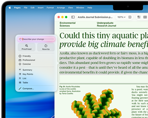 Skriveverktøy drevet av Apple Intelligence hjelper med å gå gjennom en artikkel om miljøvitenskap i et Pages-dokument. Det kan rettes eller endres til en annen tone.