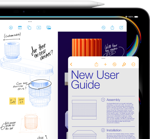 En iPad-skjerm med et Freeform-vindu viser skisser av produktdeler. I et mindre Notater-vindu står det instruksjoner. En Apple Pencil er festet på øvre kant av iPaden.