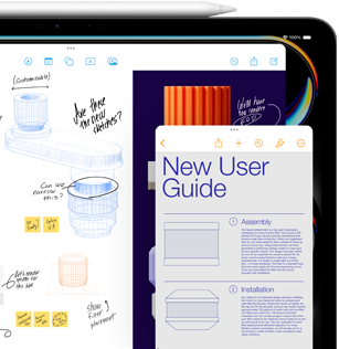 En iPad-skjerm med et Freeform-vindu viser skisser av produktdeler. I et mindre Notater-vindu står det instruksjoner. En Apple Pencil er festet på øvre kant av iPaden.