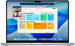 En 16-tommers MacBook Pro med M4 viser en bedriftssamtale over Zoom. I samtalen deler en person skjermen sin med et Excel-vindu med tabeller og diagrammer
