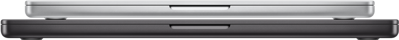 En lukket 14-tommers MacBook Pro i sølv og en lukket 16-tommers MacBook Pro i stellarsvart