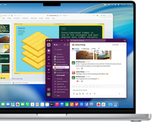 På en 16-tommers MacBook Pro med M4 vises en PowerPoint-presentasjon i ett vindu og Slack i et annet