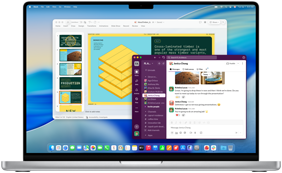 På en 16-tommers MacBook Pro med M4 vises en PowerPoint-presentasjon i ett vindu og Slack i et annet