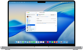 På skjermen til en 16-tommers MacBook Pro med M4 vises en planlagt programvareoppdatering i Systeminnstillinger