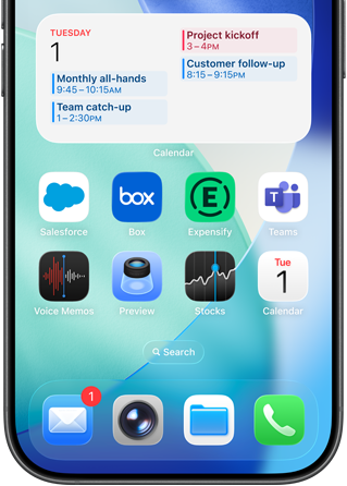 iPhone-hjemskjerm med flere bedrifts- og produktivitetsapper og et utfyllende arbeidsskjema i Kalender