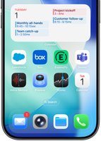 iPhone-hjemskjerm med flere bedrifts- og produktivitetsapper og et utfyllende arbeidsskjema i Kalender