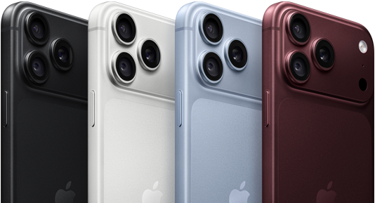iPhone 18 Pro-enheter på rekke vises fra baksiden i alle fire farger: burgunder, isbre (lyseblå), sølv, svart, Pro Fusion-kamerasystem øverst til venstre, tre objektiver, mikrofon, blits