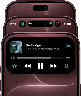 Tre iPhone 18 Pro-enheter i fargen burgunder er spredt ut i vifteform for å vise Dynamic Island i ulike moduser: av, minimert, maksimert