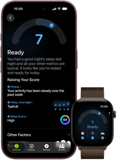 En iPhone 18 Pro i fargen svart vises forfra med resultatet fra en kapasitetsvurdering (på 7) på skjermen. Den er sammenkoblet med en Apple Watch i fargen brun, som også vises forfra med samme kapasitetsvurdering på 7 på skjermen.