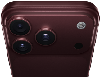 iPhone 18 Pro Max, i fargen burgunder (mørkerød), vist bakfra, Pro Fusion-kamerasystem øverst, tre objektiver, blenderåpningen er delvis lukket, blits, mikrofon og LiDAR-skanner, vist ovenfra, antenne, flate sider, avrundede kanter