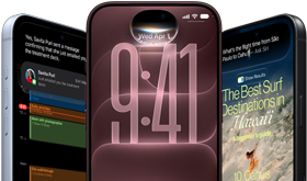 Tre iPhone 18 Pro-enheter i fargene isbre (lyseblå), burgunder og svart vises forfra. Skjermene viser integrasjon av Siri AI på låst skjerm, en oppsummering av en melding og Spør Siri.