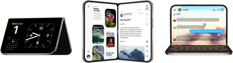iPhone Duo, i ulike posisjoner: liggende format med skjermen opp ned, litt brettet ut, frontskjermen, helskjermdesign. Delvis åpen som en bok i stående format. Åpen i liggende format, brettet ut 90 grader, innerskjermen, helskjermdesign