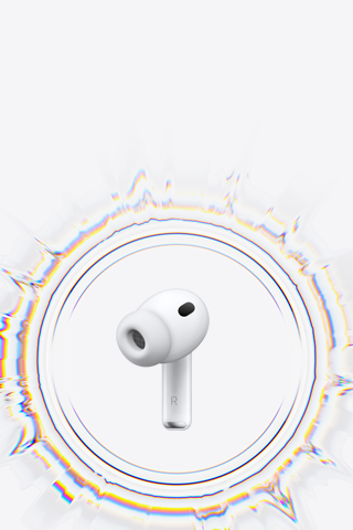 En trådløs AirPods Pro 3-øretelefon med silikonplugg er omringet av en sirkelformet lydbølge.