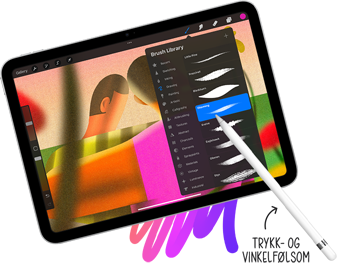 En penselstil velges fra penselbiblioteket på iPad ved hjelp av Apple Pencil. I merknaden som peker mot Apple Pencil, står det: «Trykk- og vinkelfølsom.»