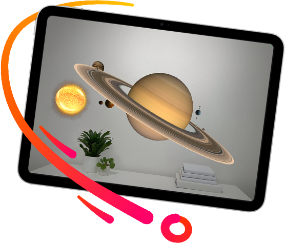 En iPad-skjerm viser et solsystem i et rom med utvidet virkelighet.