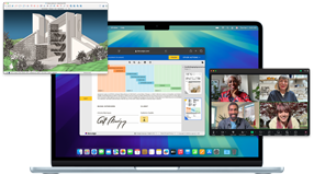 Flere skjermer viser hvor lett det er å bruke flere apper samtidig, inkludert nettsider i Safari, en videosamtale på Zoom og en fil i SketchUp på MacBook Air.