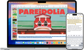 En åpen Apple-laptop med en iPhone i forgrunnen. iPhonen viser den samme markerte teksten i Notater som på Apple-laptopen.