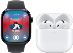 Apple Watch Series 11 med urkasse av skifergrå titan og Sport Band i svart viser at Musikk-appen er åpen og AirPods 4 er sammenkoblet.