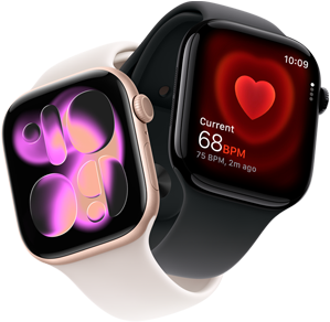 Apple Watch Series 11 med urkasse av aluminium i rosegull, Responsive Art-urskiven, høyre side, Digital Crown, mikrofon, sideknapp, Sport Band i svak rosa, Apple Watch Series 11 med urkasse av aluminium i gagatsvart, Puls-appen, nåværende puls, høyre side, Digital Crown, Sport Band i svart