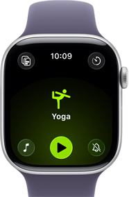 Apple Watch Series 11 med urkasse av aluminium i sølv, en yoga-økt er åpen, høyre side, Digital Crown, Sport Band i lilla dis