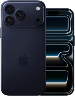 Side om side, iPhone 17 Pro Max, fra baksiden, Pro-kamerasystem, tre objektiver, mikrofon, blits, finish i dyblå, iPhone 17 Pro, fra forsiden, helskjermdesign, finish i dypblå